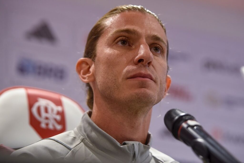 Filipe Luís na apresentação como técnico do Flamengo.