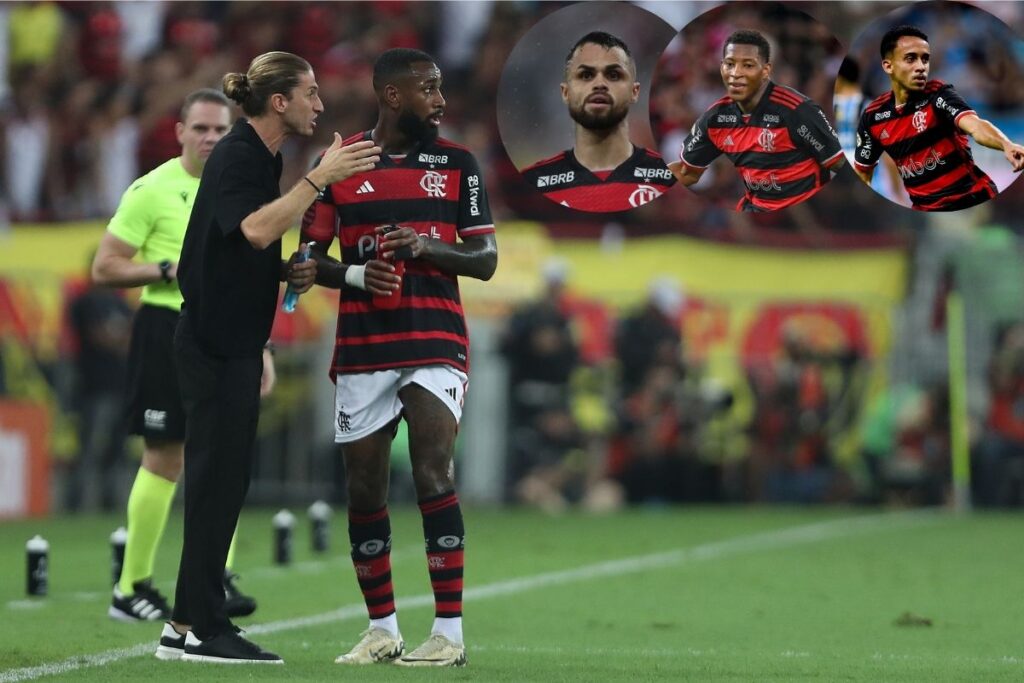 Montagem de Filipe Luís falando com Gerson e rostos de Michael, Plata e Matheus Gonçalves