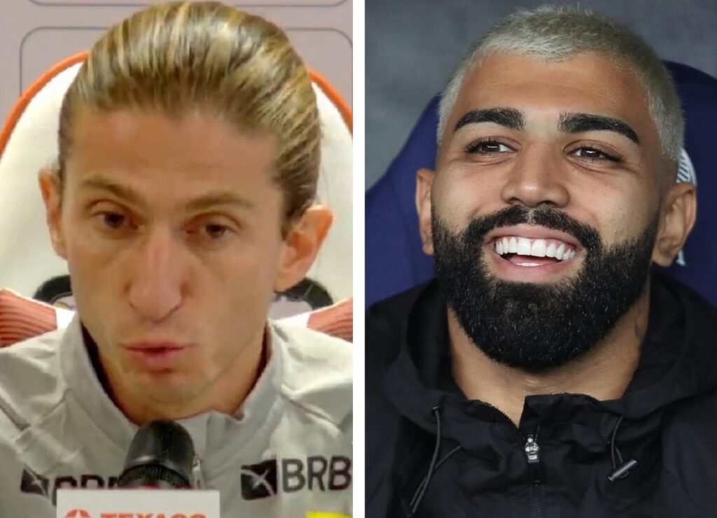 Filipe Luís fala em coletiva e Gabigol ri