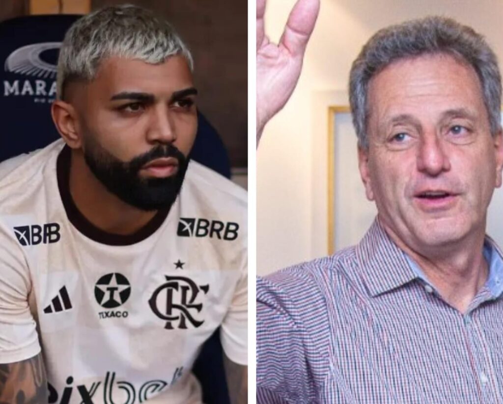 Gabigol no banco do Flamengo e Landim gesticulando