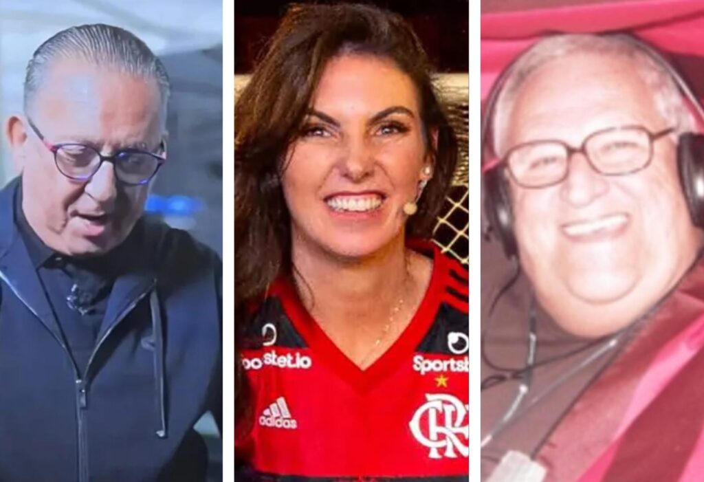 Galvão, Glenda e Apolinho com camisas e bandeira do Flamengo