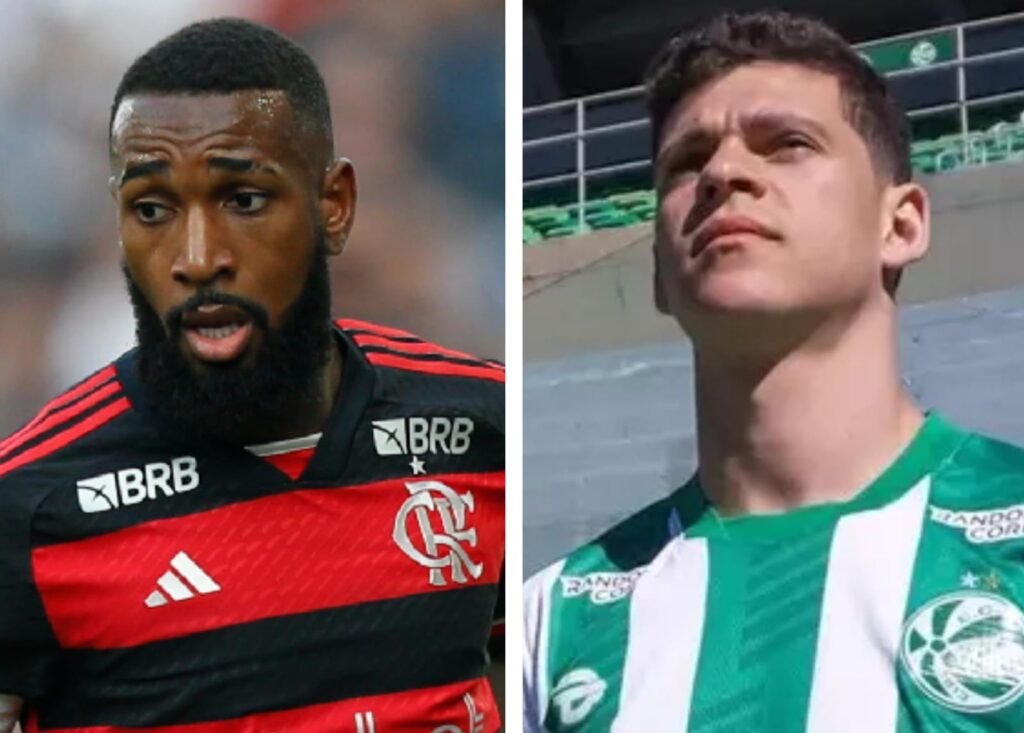 Gerson conduz bola pelo Flamengo e Ronaldo no estádio do Juventude