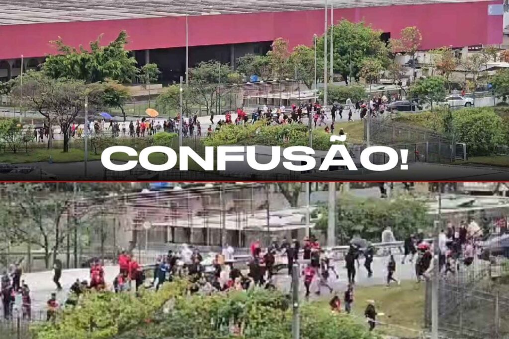 Montagem com prints de confusão entre torcidas de Corinthians e Flamengo na Neo Química Arena antes de jogo pela semifinal da Copa do Brasil 2024