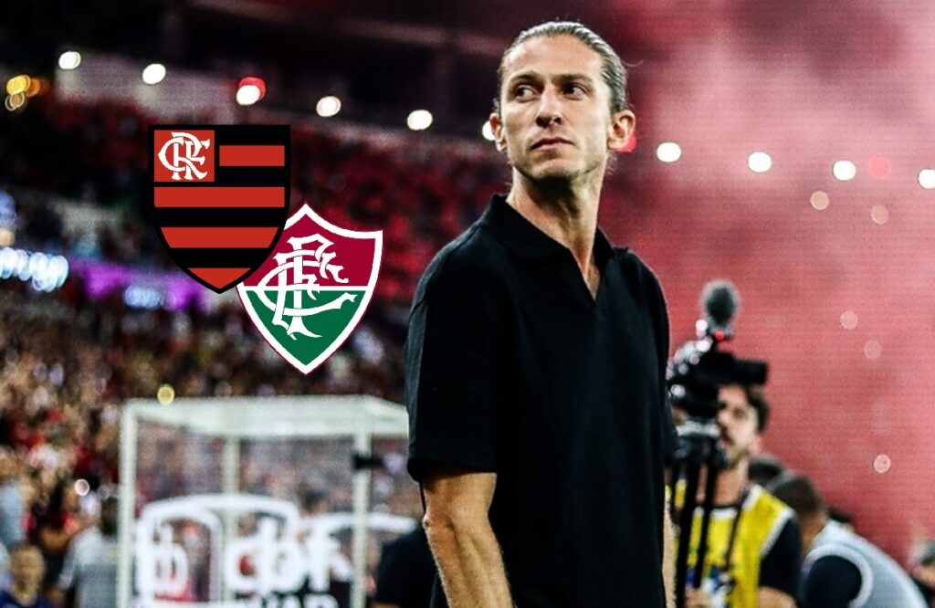 filipe luís ao lado de escudos do flamengo e fluminense