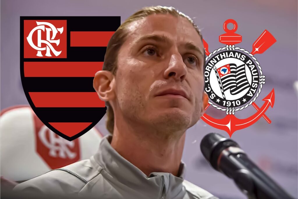 Montagem com Filipe Luís durante sua coletiva de apresentação e escudos de Flamengo e Corinthians ao fundo