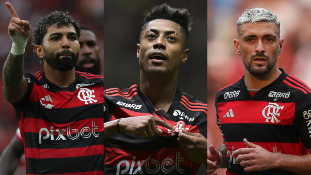 Gabigol, Bruno Henrique e Arrascaeta em jogos do Flamengo; trio pode chegar ao topo do ranking de campeões