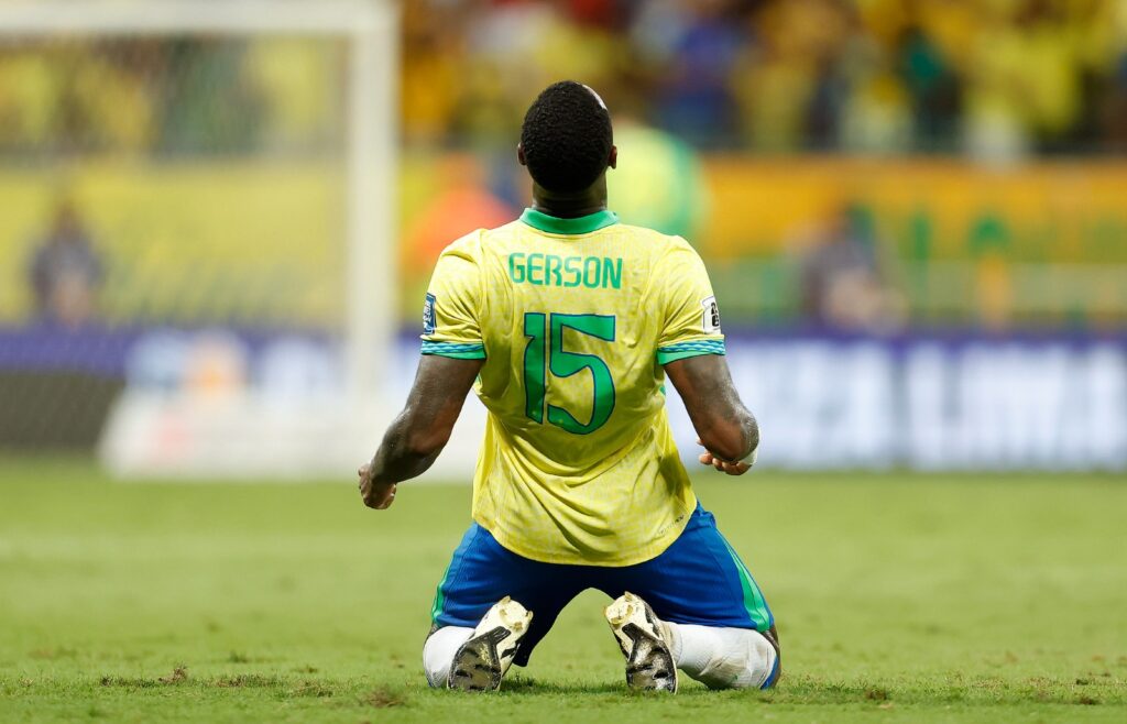 Gerson, autor do gol de empate em Brasil 1 x 1 Uruguai. Eliminatórias da Copa 2026