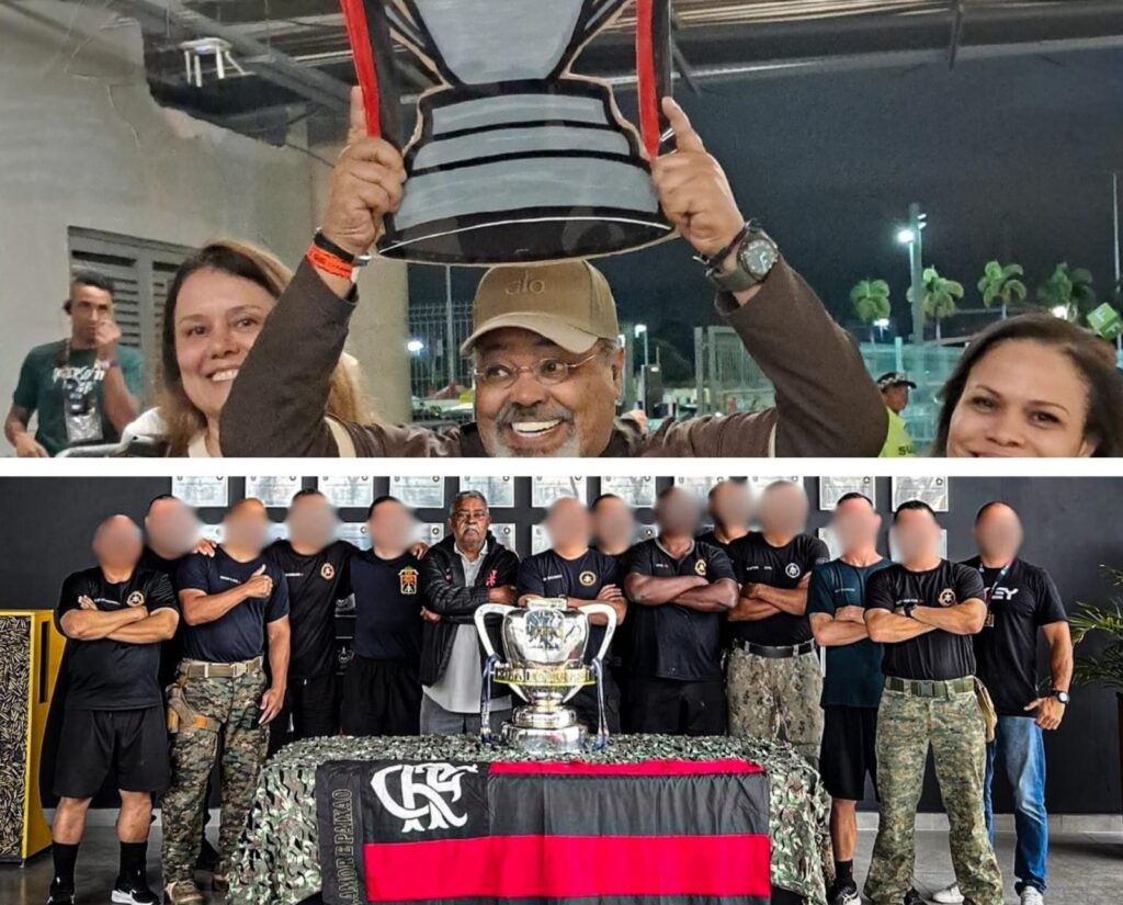 Jorge Aragão tirou fotos com taça de papelão da Copa do Brasil na chegada ao Maracanã; de manhã, troféu foi levado para sede do BOPE. Flamengo não apresentou taça aos torcedores no Maracanã