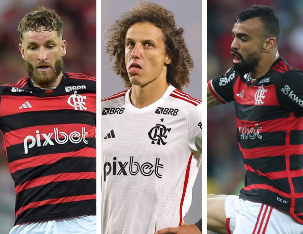 Léo Pereira, David Luiz e Fabrício Bruno pelo Flamengo